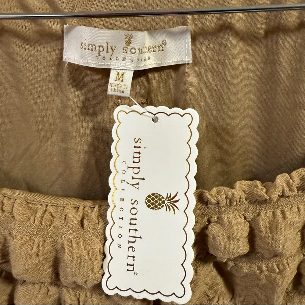 NWT Simply Southern Medium Tan Bubble Babydoll Dress Ruffle Long Sleeve Texture
